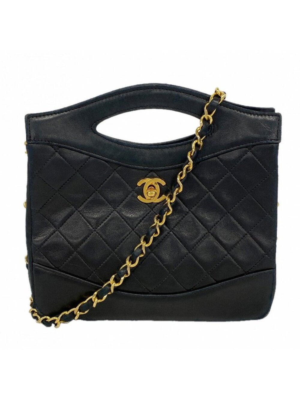 Chanel Handbag Quilted Lambskin Black Gold 2-Way